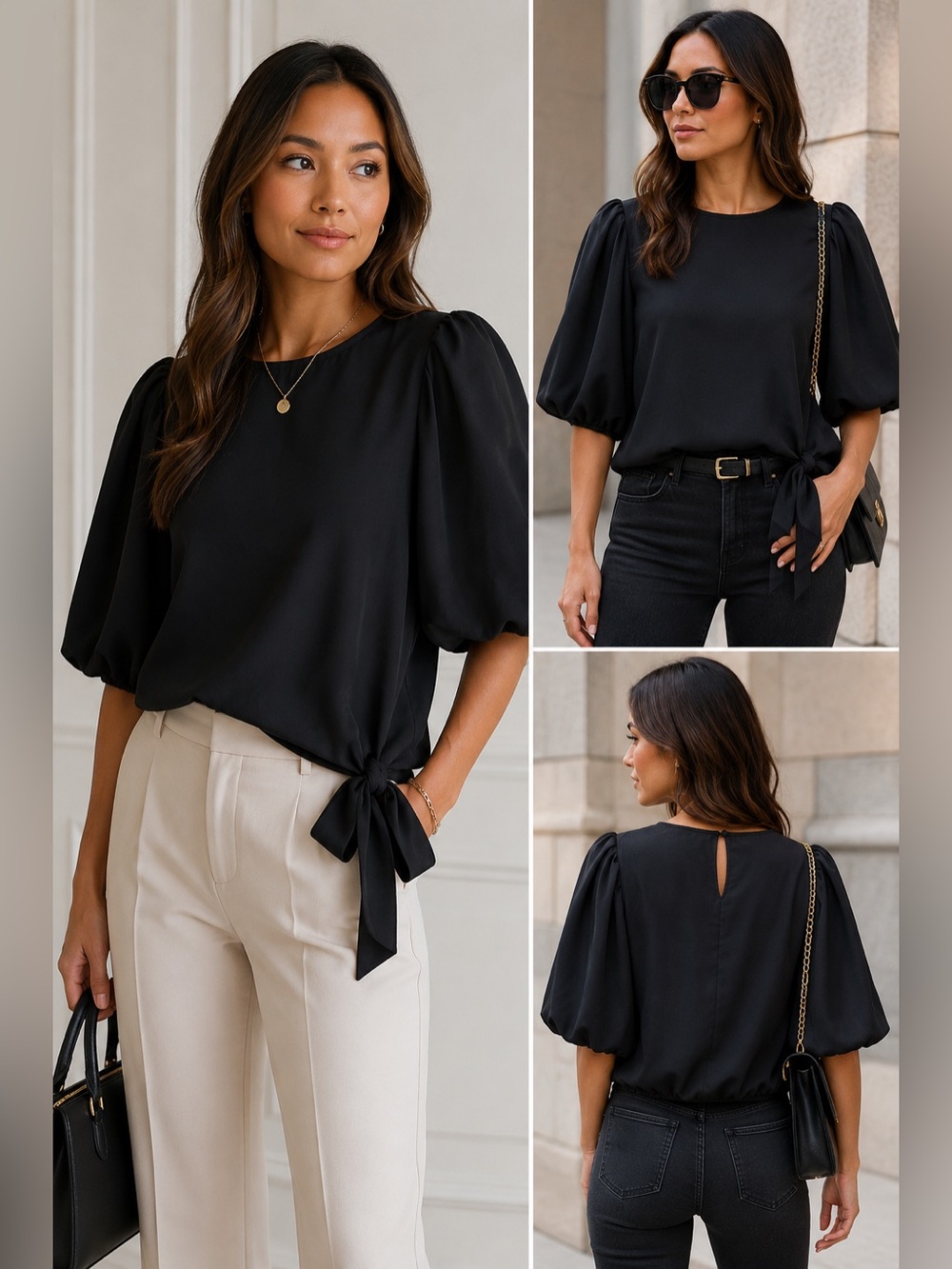 Vince Camuto Black Balloon Puff Sleeve Blouse Top Side Tie-Hem | Medium